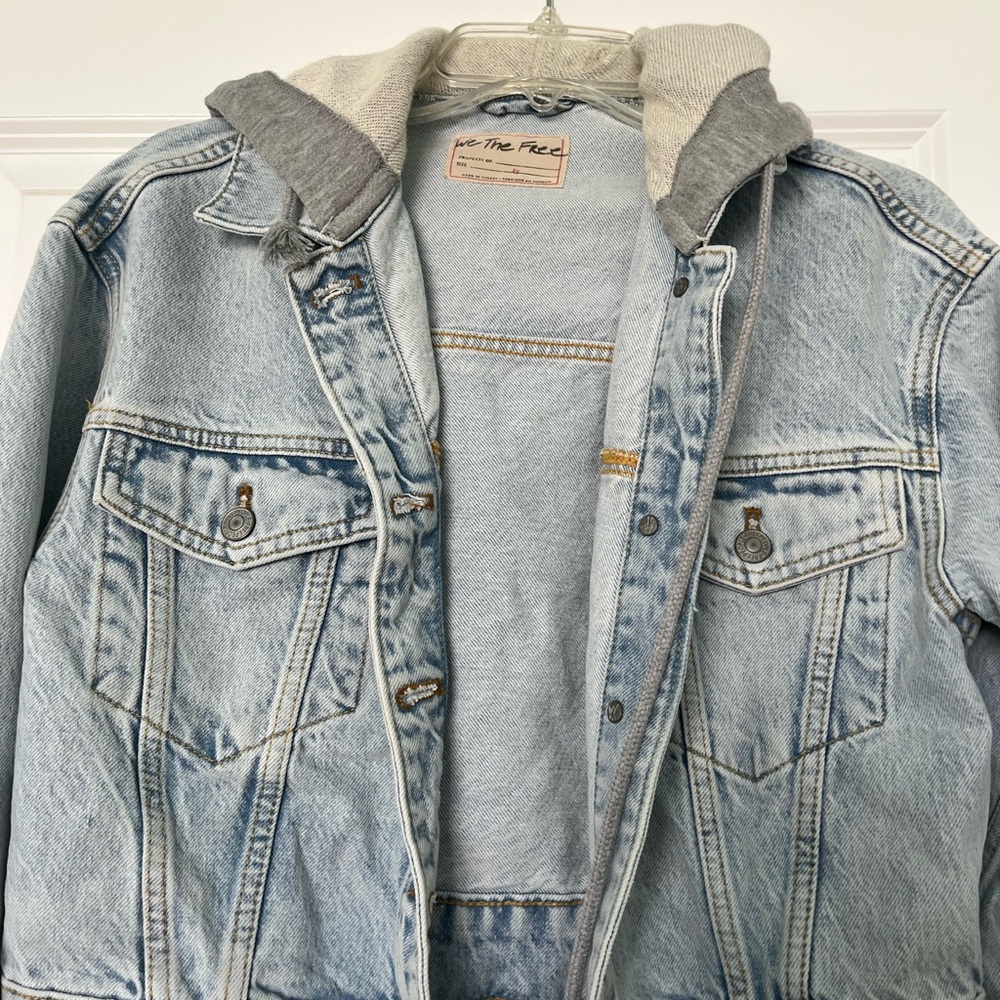 Free People We The Free Light Blue Denim Jacket with Grey Hood